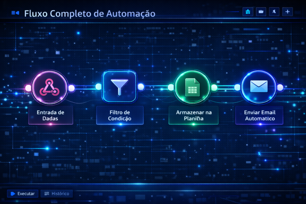 Fluxo completo no Make conectando webhook, filtro e planilha para automatizar processos de negócios.