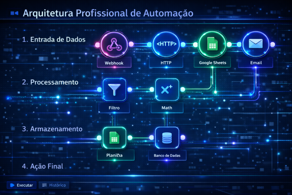 Arquitetura profissional de automação no Make mostrando entrada de dados, processamento e ações automatizadas.