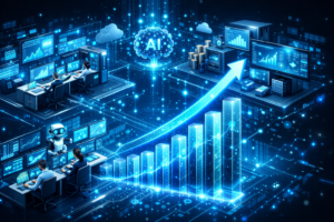 Minimalist futuristic office controlled by AI agents, autonomous systems running operations, reduced human presence, efficiency and scalability concept, professional business illustration, ultra realistic, 16:9