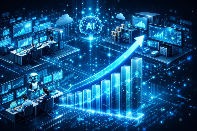 Minimalist futuristic office controlled by AI agents, autonomous systems running operations, reduced human presence, efficiency and scalability concept, professional business illustration, ultra realistic, 16:9