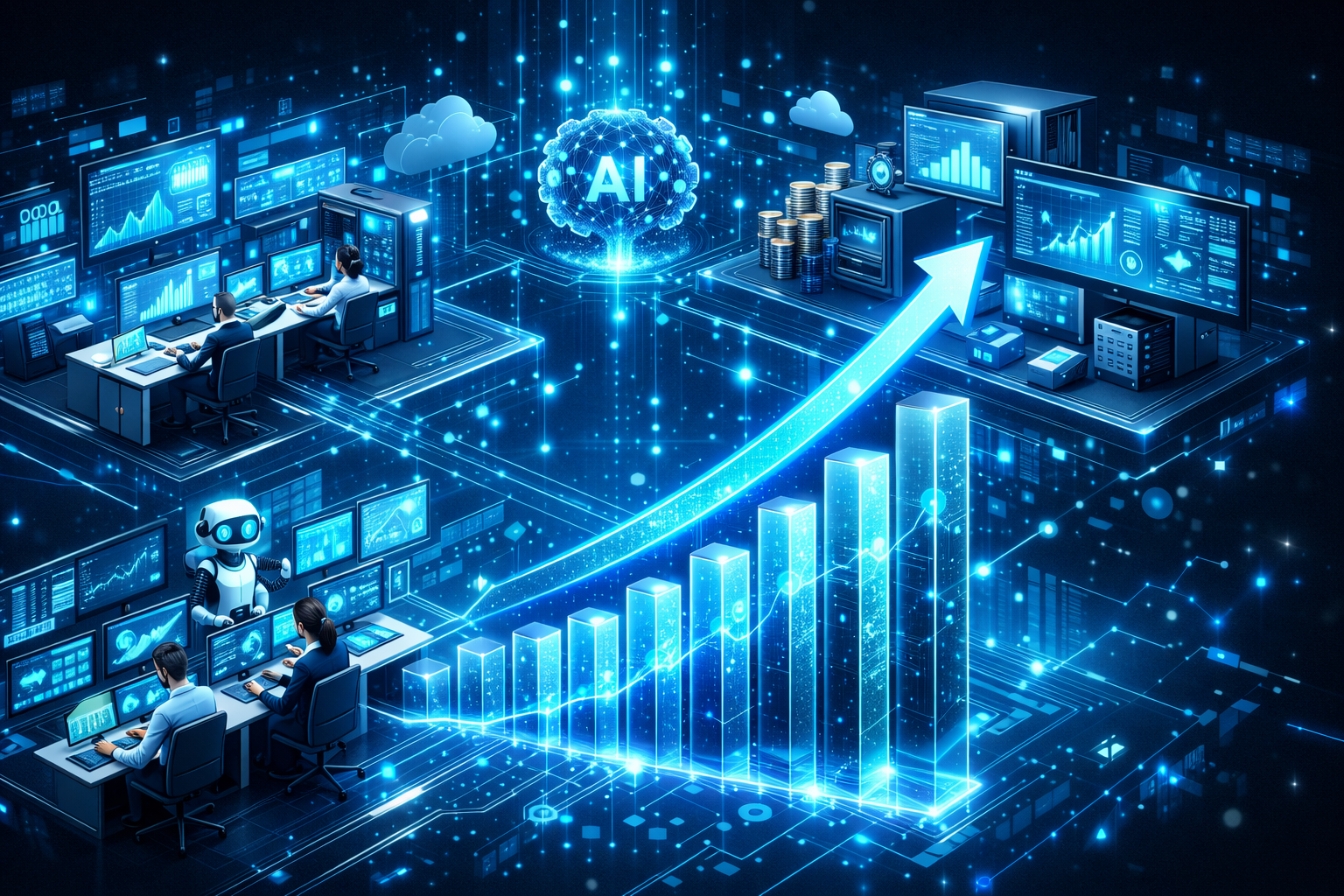 Minimalist futuristic office controlled by AI agents, autonomous systems running operations, reduced human presence, efficiency and scalability concept, professional business illustration, ultra realistic, 16:9
