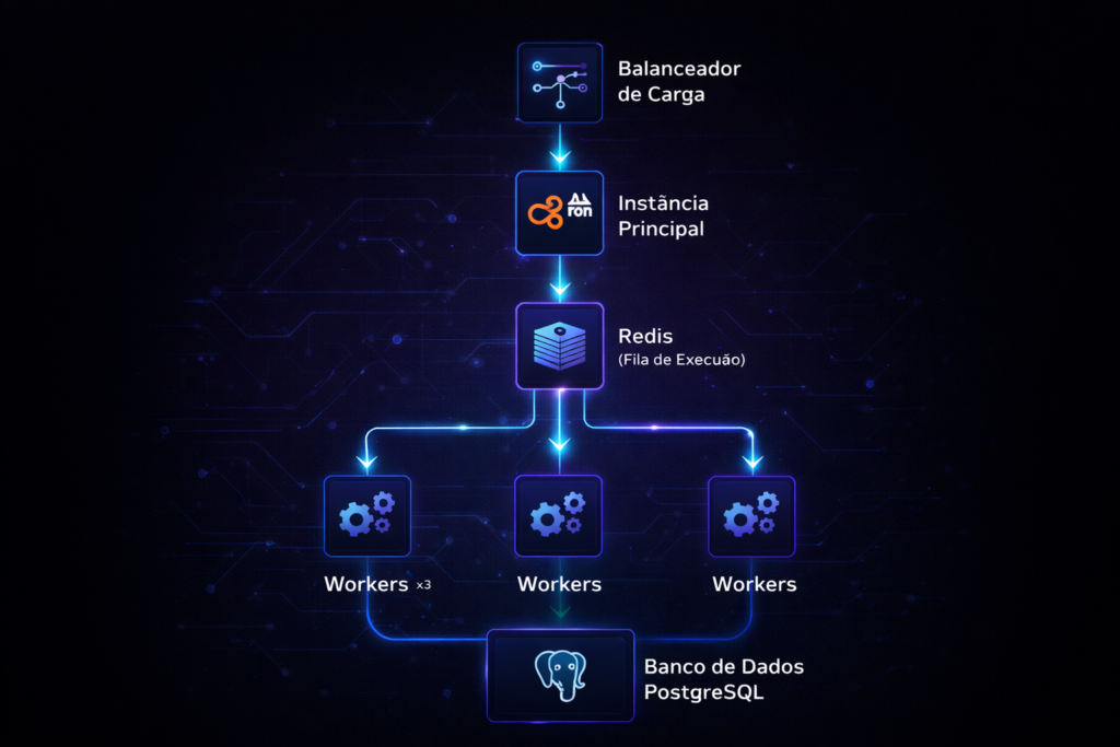 Diagrama de arquitetura n8n em produção com Queue Mode, Redis, Workers e PostgreSQL