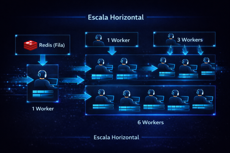Diagrama de arquitetura n8n em produção com Queue Mode, Redis, Workers e PostgreSQL